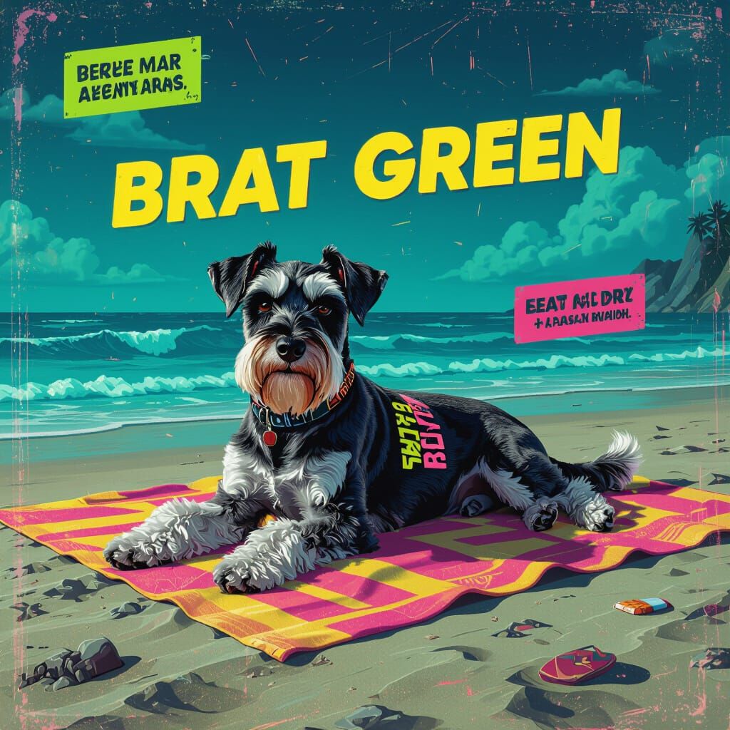 Schnauzer-Pizza Hybrid Lounging in Brat Green Summer Scene