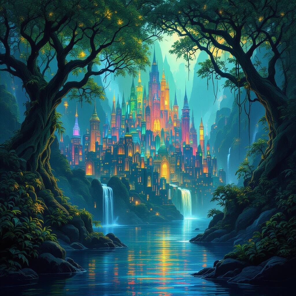Hidden Fantasy City With Vibrant Lights Amidst Nature