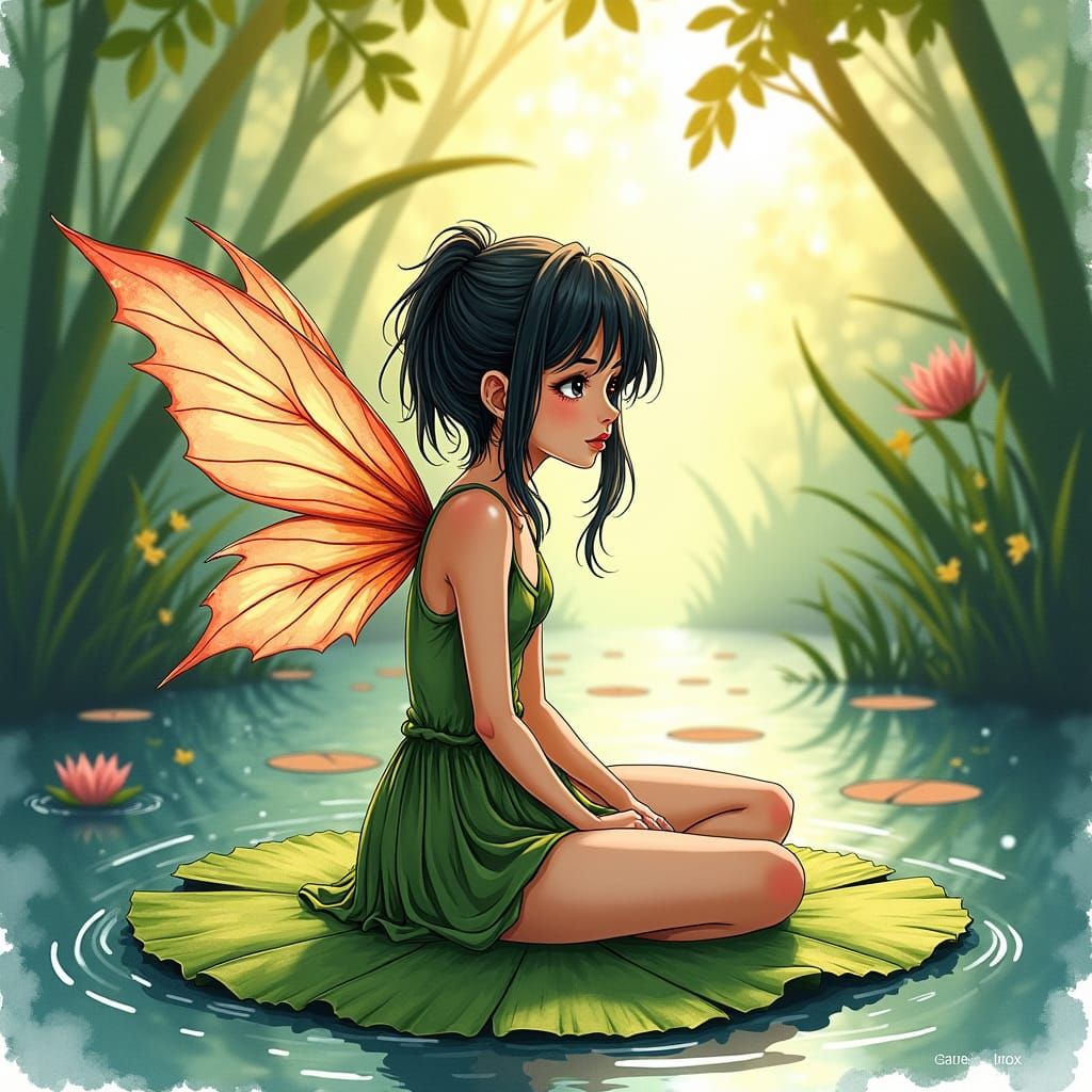 Whimsical Fairy on Lily Pad in Impressionistic Watercolor