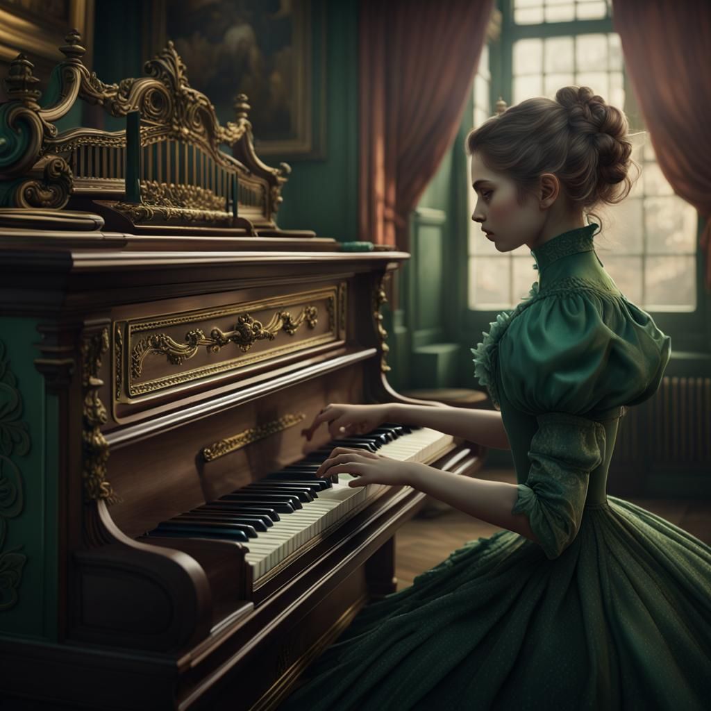 Victorian Girl Playing Piano: Detailed Fantasy Art