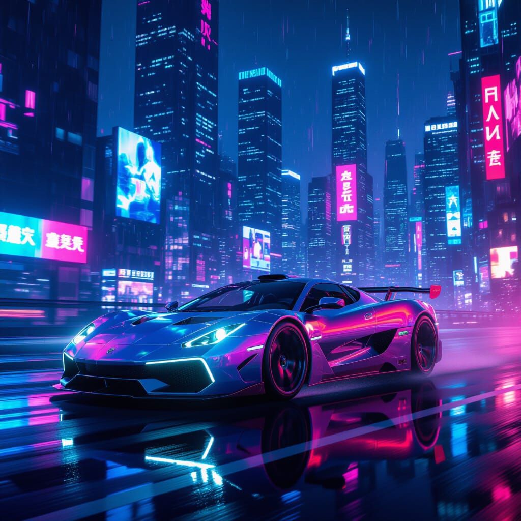 Cosmic Supercar Speeds Through Neon Cyberpunk City