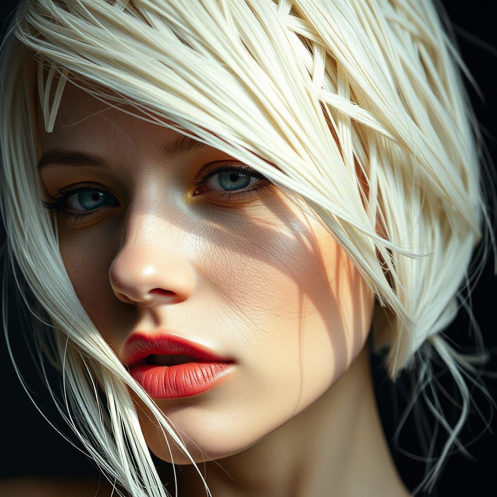 Geometric White Hair Portrait in High Contrast