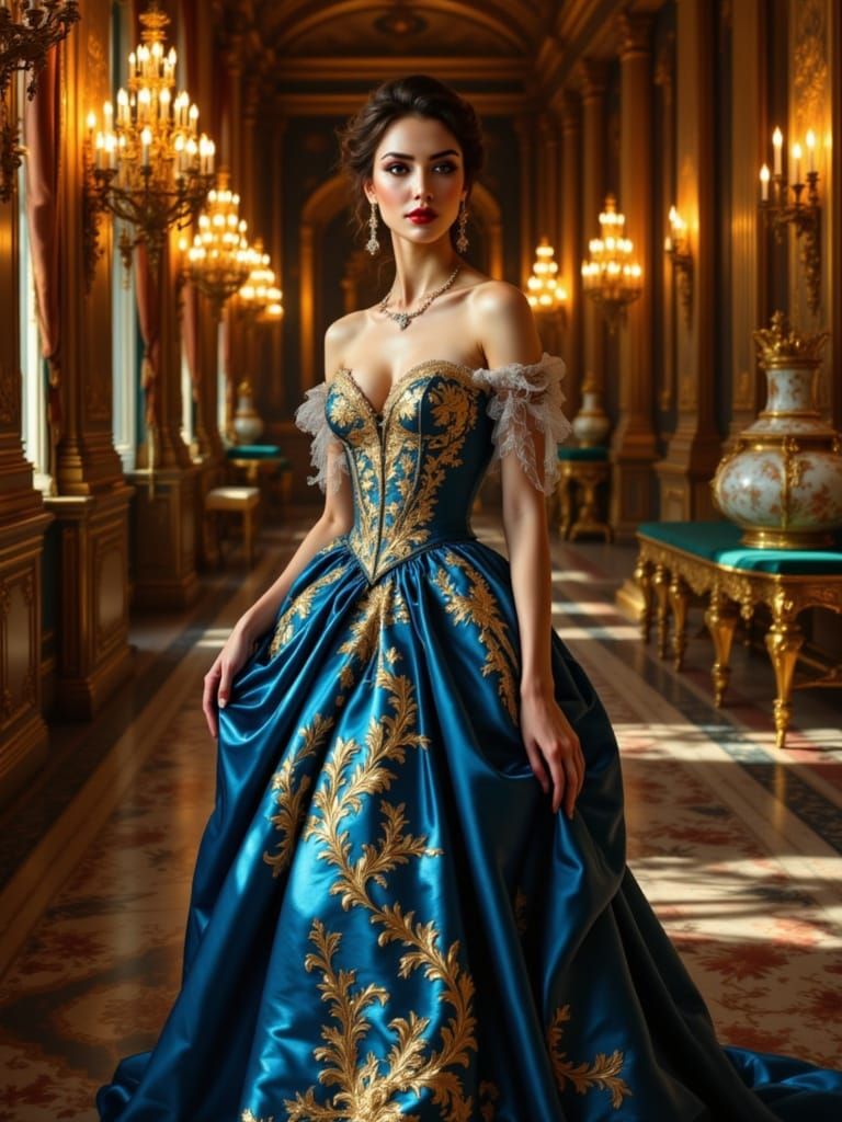 Elegant Noblewoman in Midnight Blue, Golden Embroidery