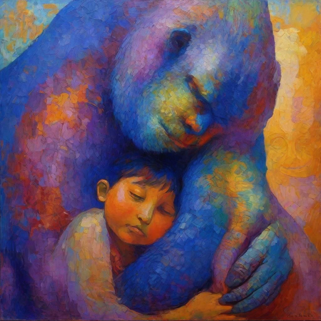 Monster Cradling Child: Neo-Impressionistic Art