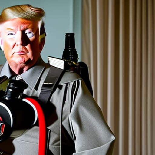 Donald Trump as Ghostbuster in uniform with “ghostbuster” lo...
