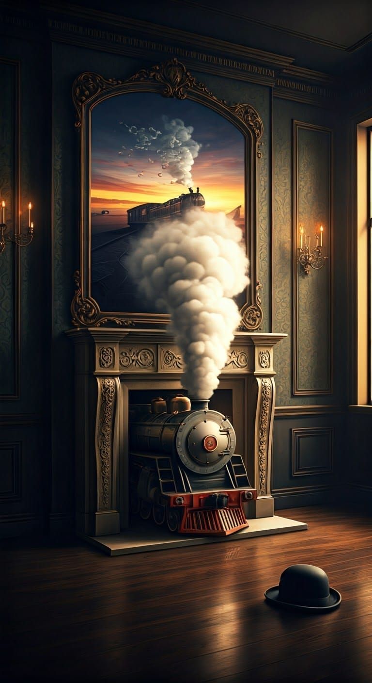Vintage Steam Train Emerge from Majestic Fireplace