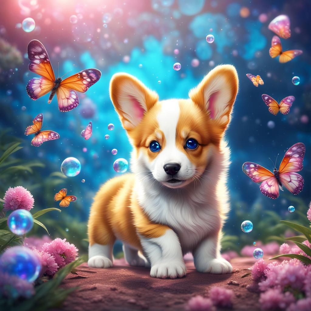 Corgi Puppy and Kitten Fantasy Art