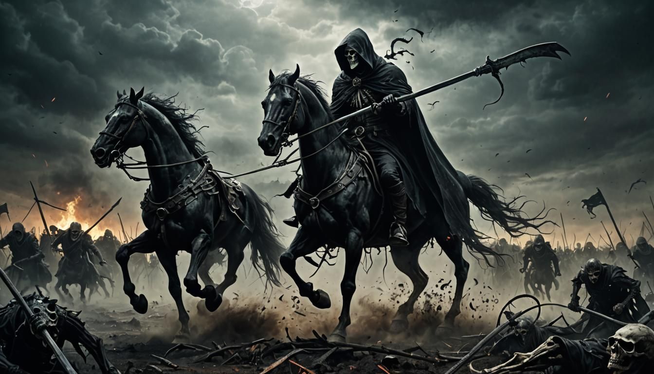 Grim Reaper Rides Across Battlefield in Dark Fantasy Art