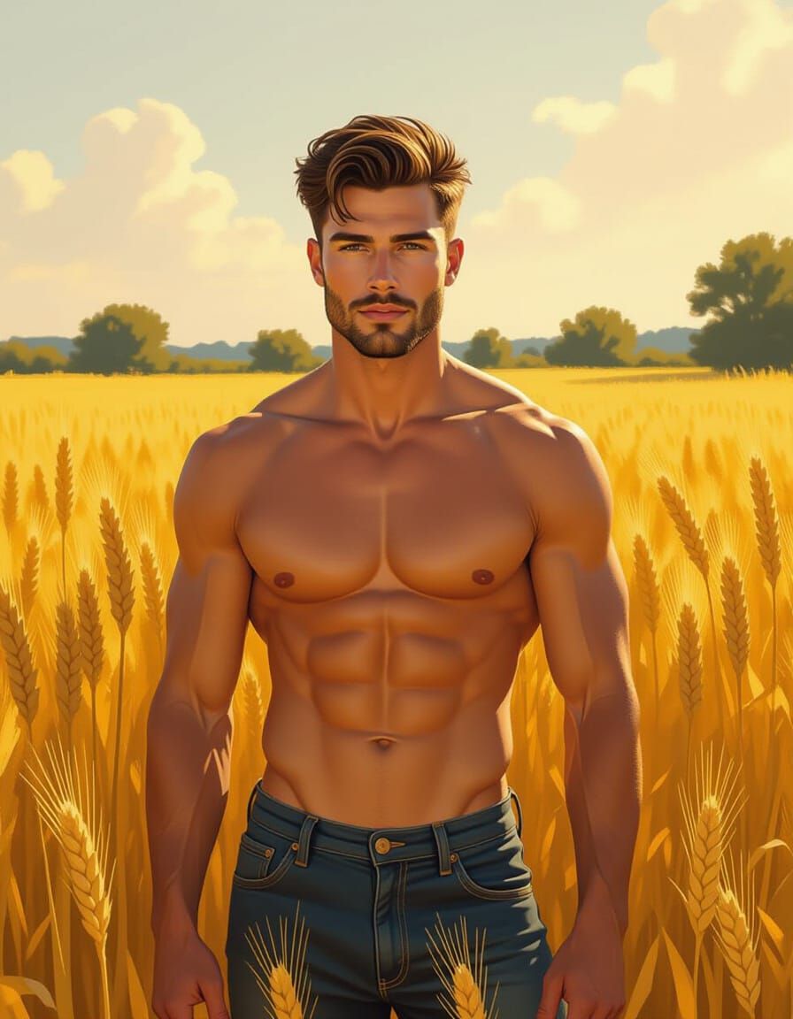 Shirtless Farmer in Sunlit Field, Rembrandt Style