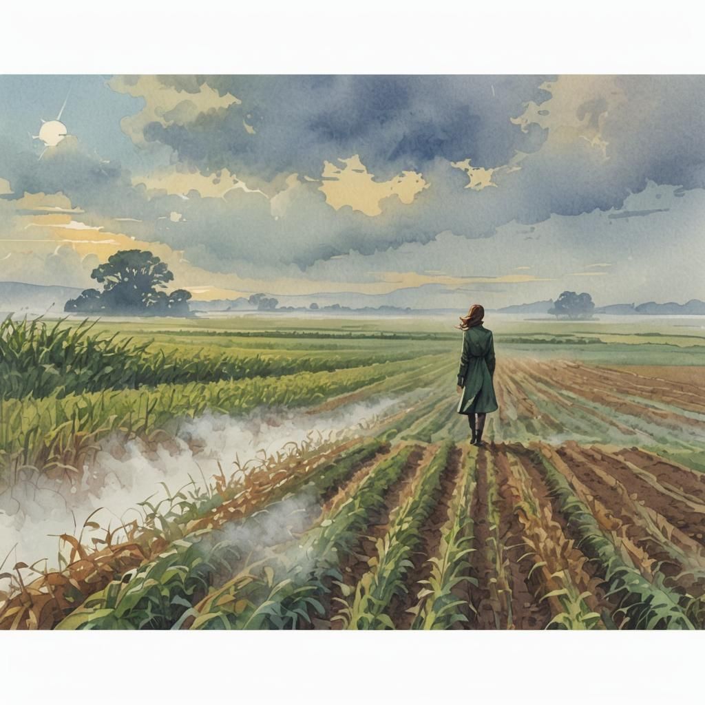Woman in Foggy Field: Watercolor Comic Book Art