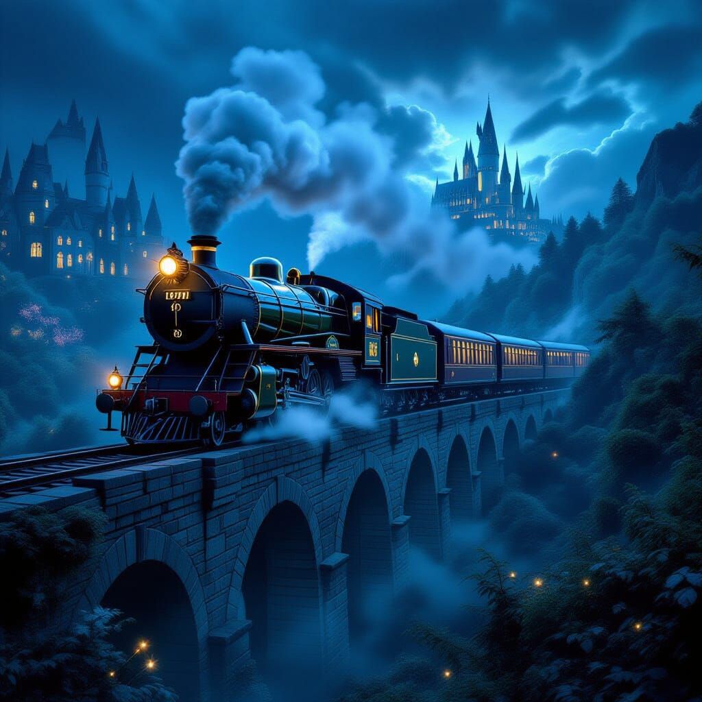 Enchanted Train Crossing Stone Bridge in Magical Valley