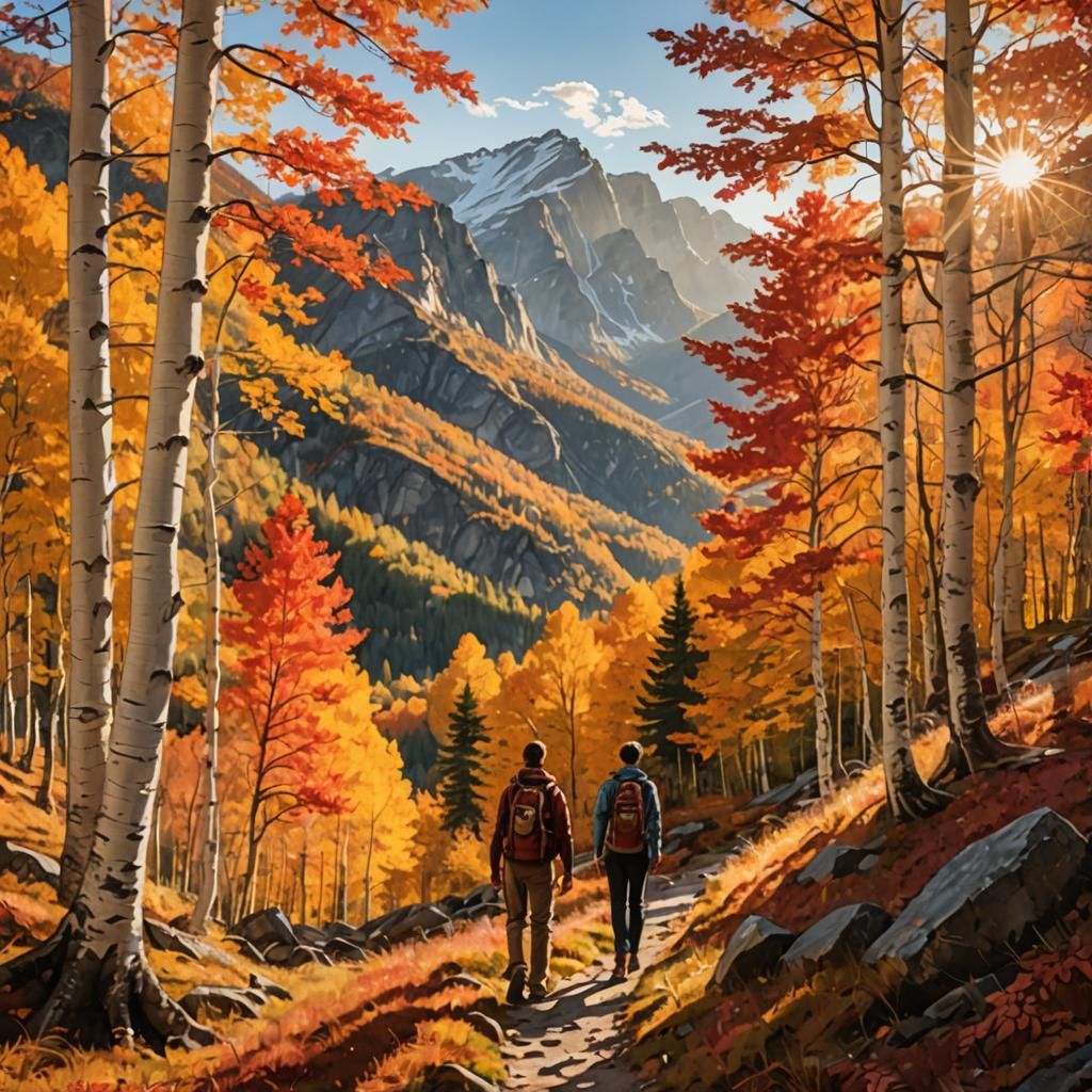 Autumn Landscape with Hiker, Warm Light, Mountain Vista