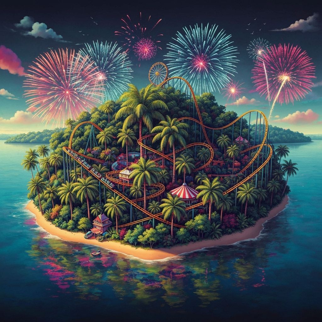 Psychedelic Island Amusement Park in Vibrant Colors