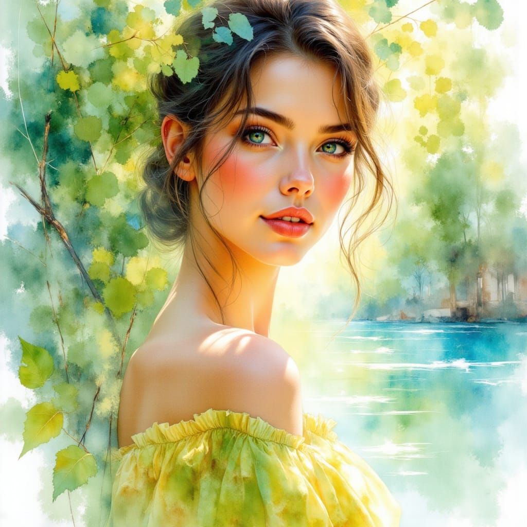 Beautiful Woman with Blue-Green Eyes in Watercolor