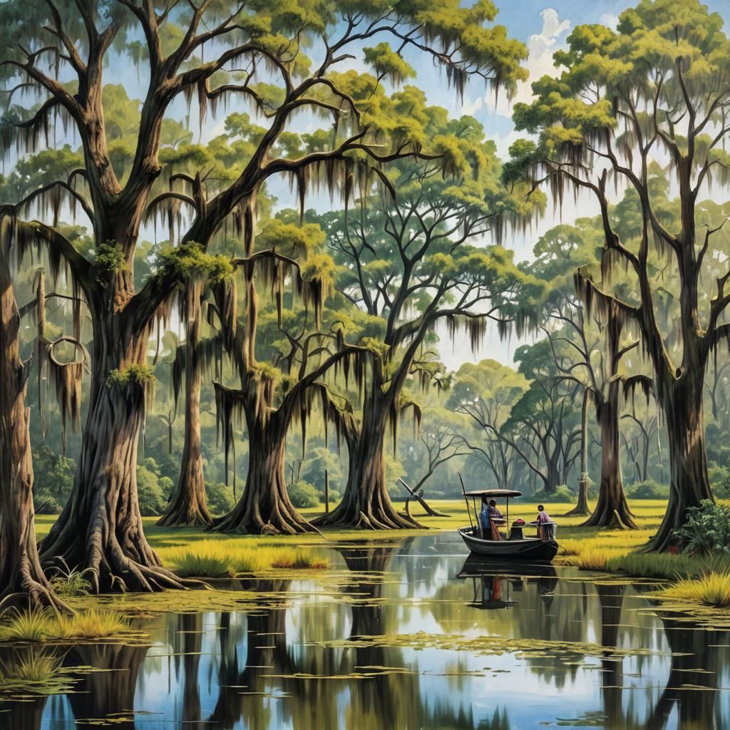 Louisiana Bayou Scene in Impressionist Gouache Style