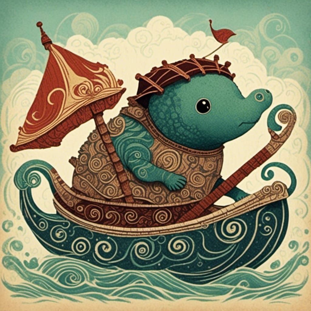 Cute Turtle on Viking Longboat Cartoon