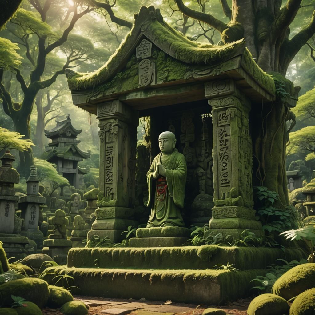 Moss-Covered Shrine in Enchanted Forest