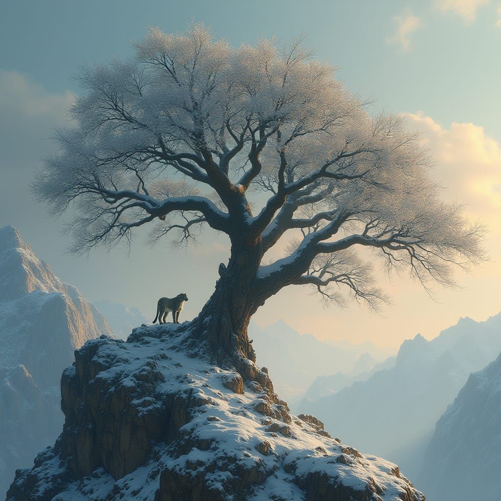 Ancient Oak Tree Guardians Mountain Peak in Hyperrealistic S...