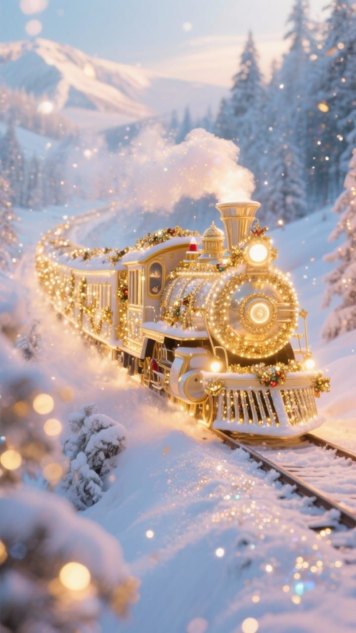 Luminous Santa Christmas Train Adorned with Gold Decorations