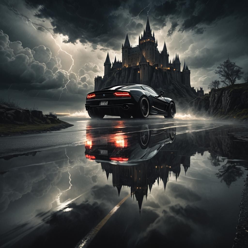 Supercar Escapes Gothic Fortress in Dark Fantasy Digital Art