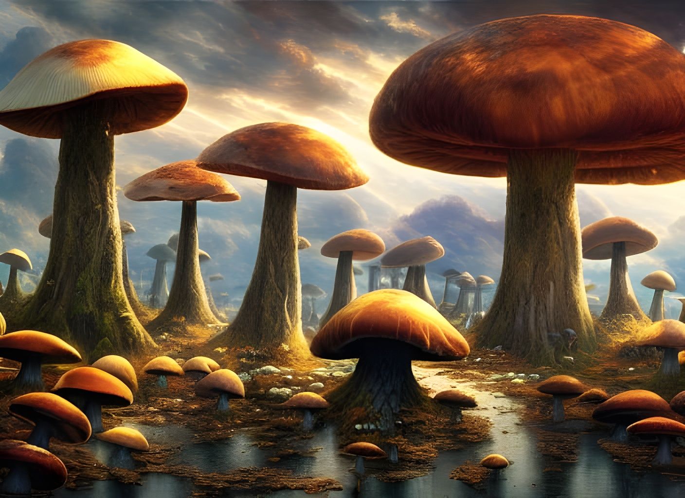 Enchanted Mushroom Landscape in Digital Mixed Media
