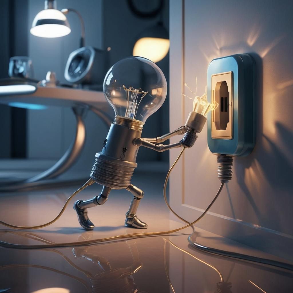 A 3D render of a surreal scene where a light bulb attaches i...