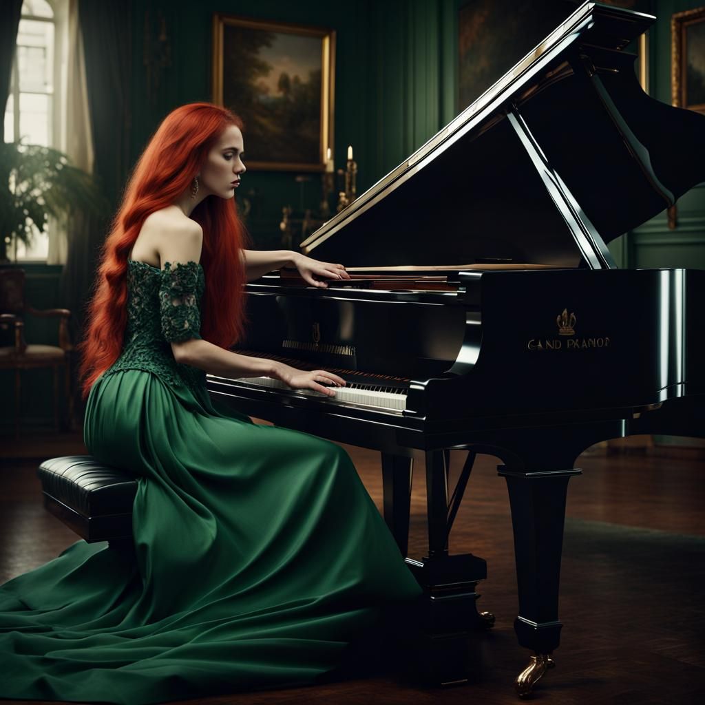 Red Haired Woman Plays Piano in Digital Matte Painting