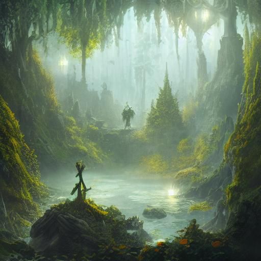 Emerald Tree Fantasy Matte Painting with Glowing Symbols