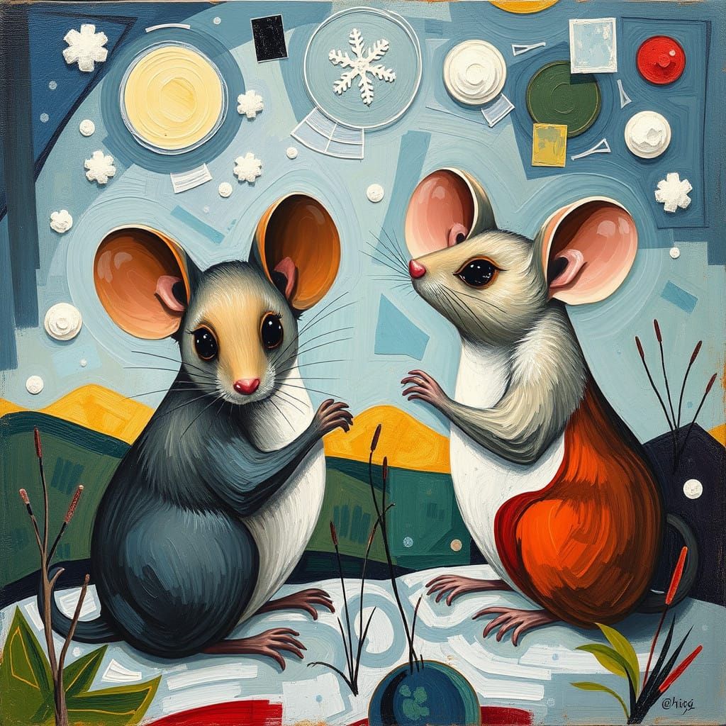 Bold Expressionist Mice in Cubist Landscape of Seasons