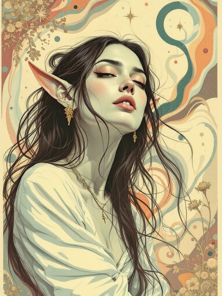 Elven Woman at Fantasy Fair in Art Nouveau Style