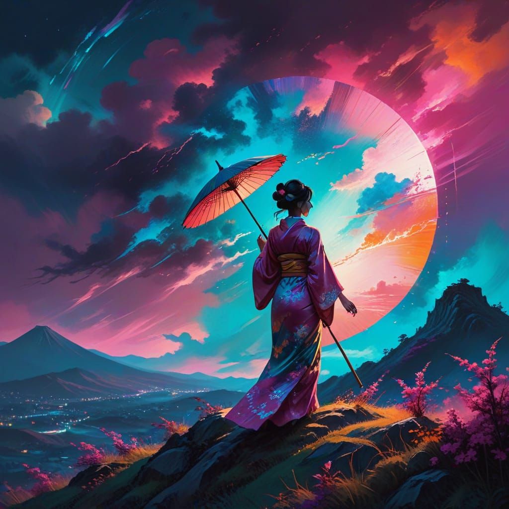 Neon Dreamscape: Japanese Woman in Kimono Silhouette