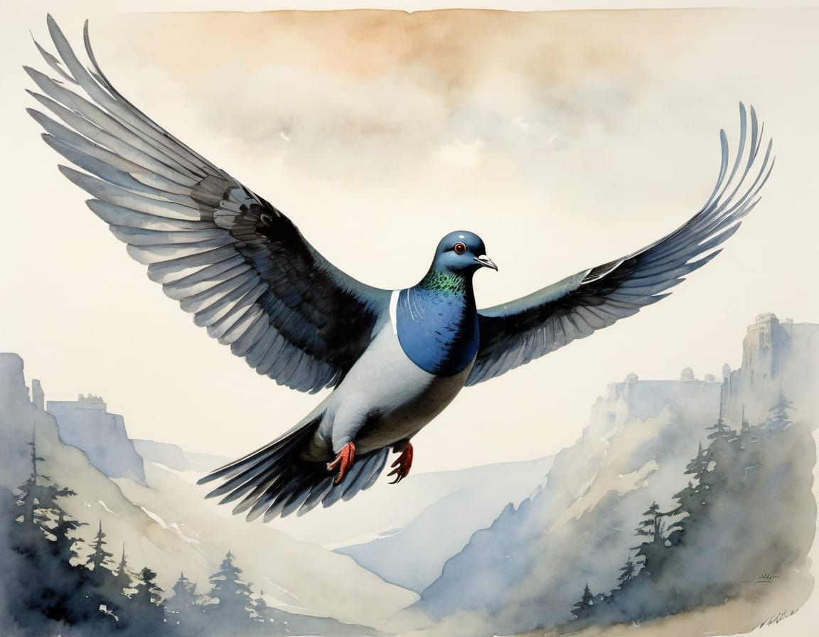 Flying Carrier Pigeon in Watercolor