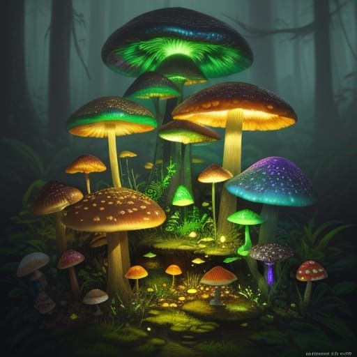 Fantastical Forest Mushrooms in Vibrant Oil Painting Style