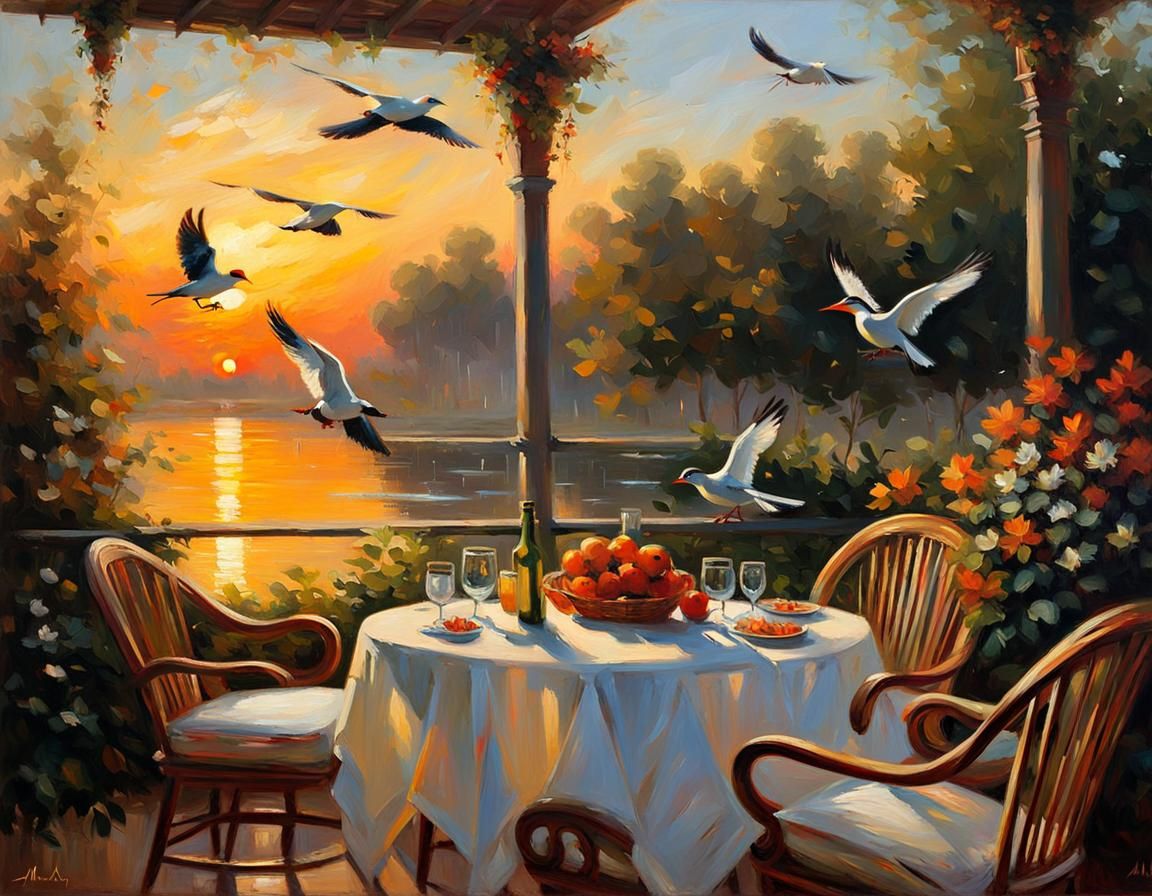 Family Veranda Dinner at Sunset: Impressionist Oil Painting