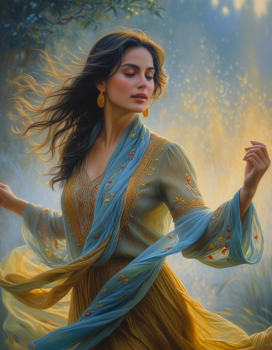 Romantic Realism: Noble Woman Dancing in Mist
