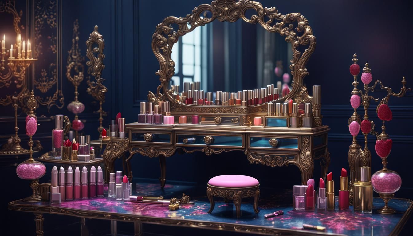 Ornate Vanity Table with Makeup in Matte Painting