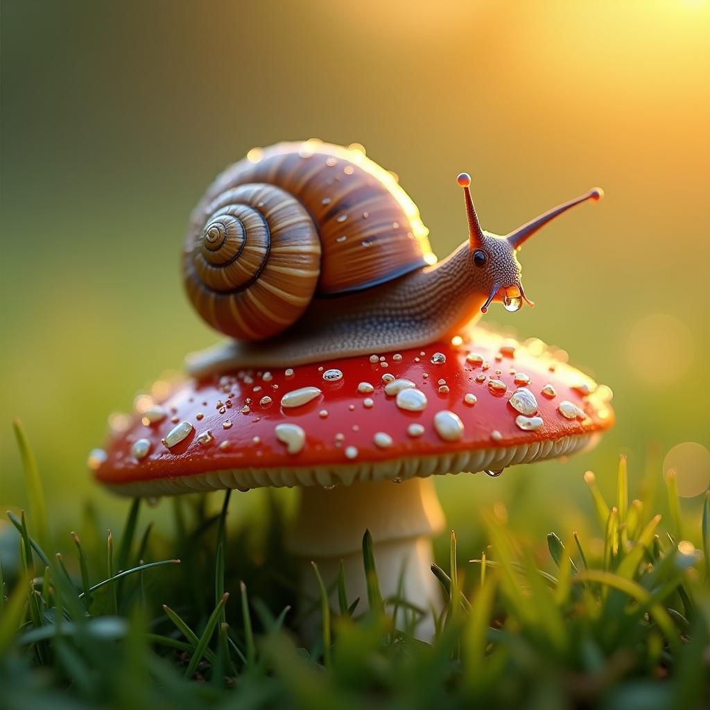 Endearing Snail on Mushroom, Hyperrealistic Detail
