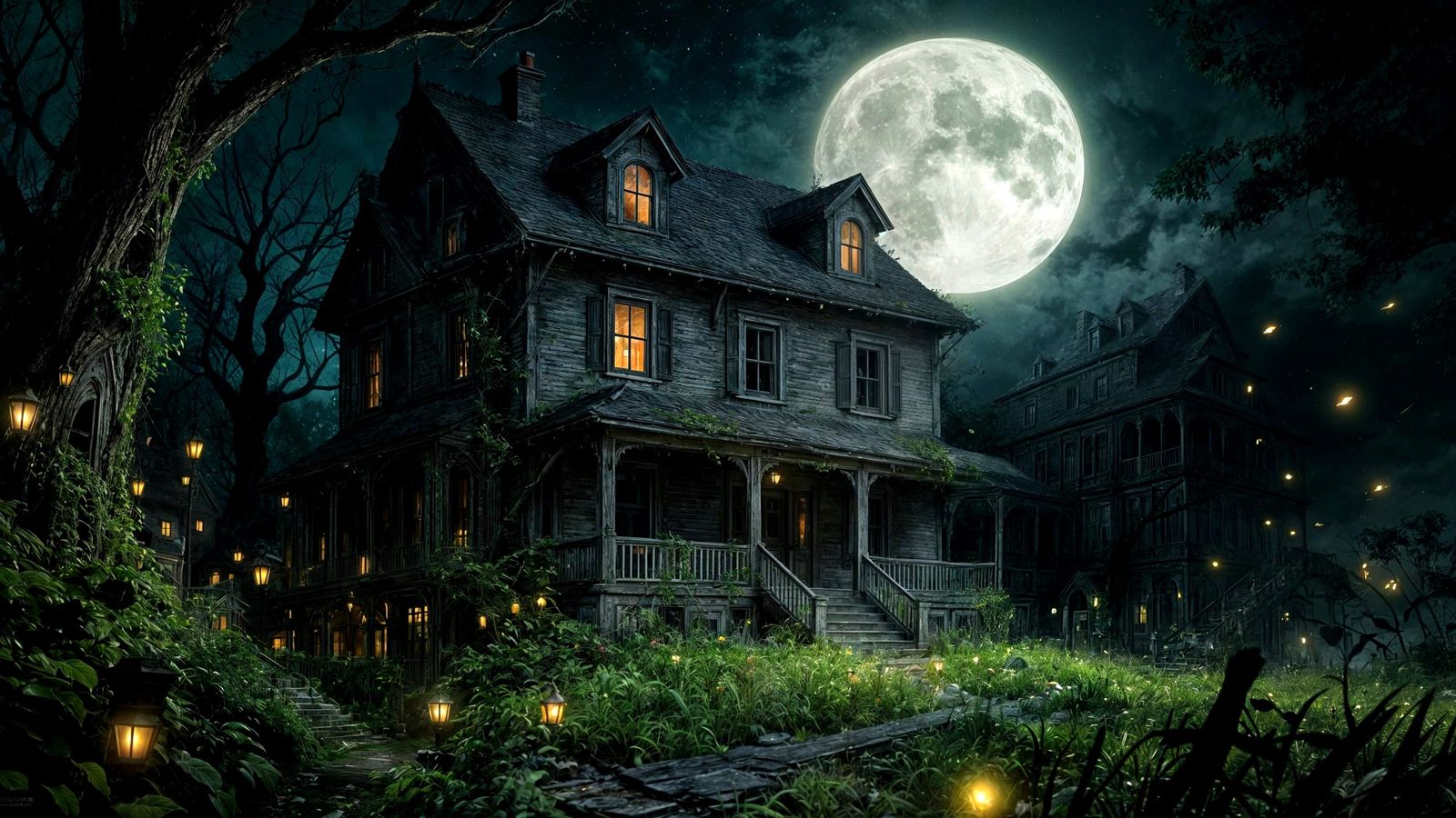Eerie Victorian House Under Full Moon Horror Illustration