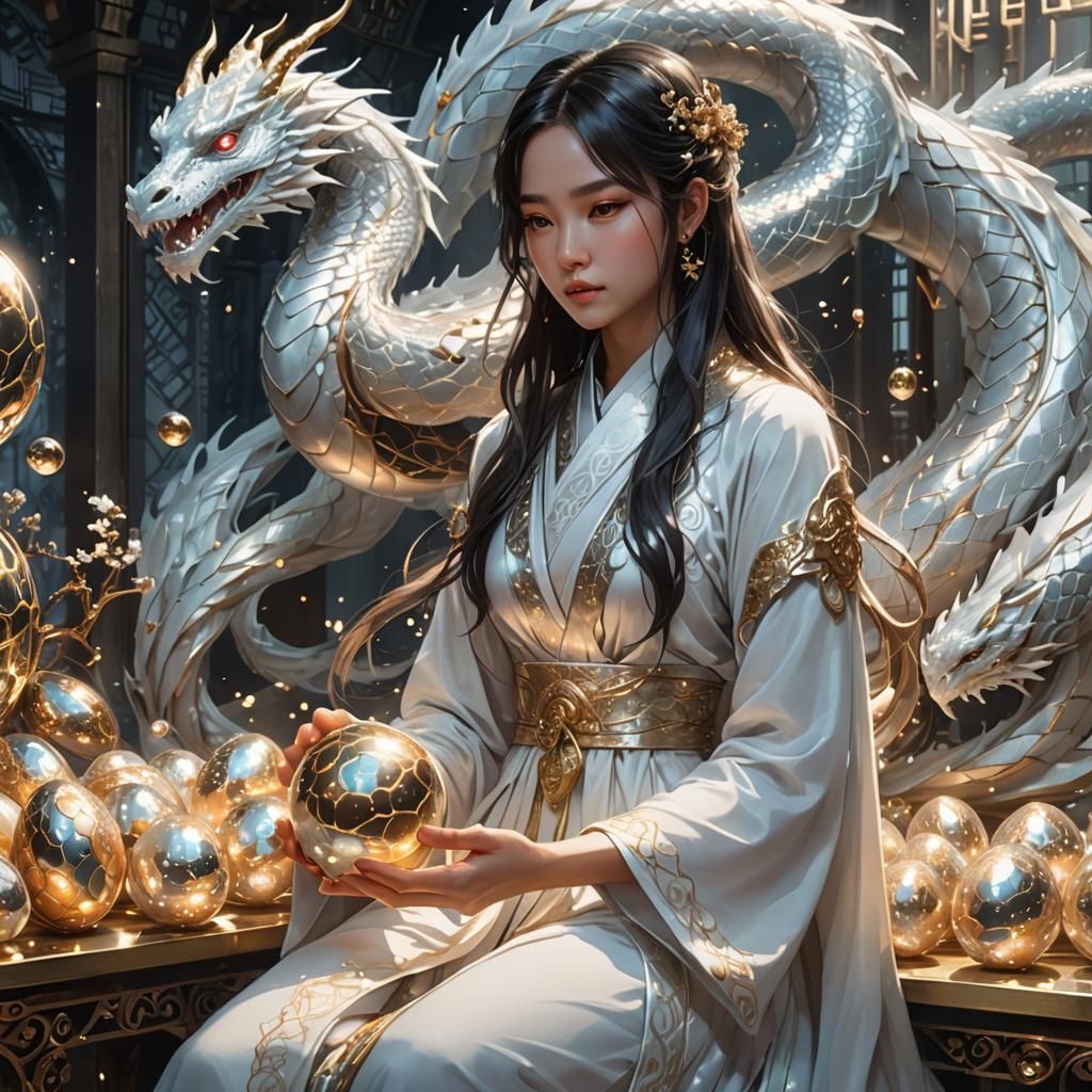 Futuristic Fantasy: Woman and Metallic Dragon Eggs