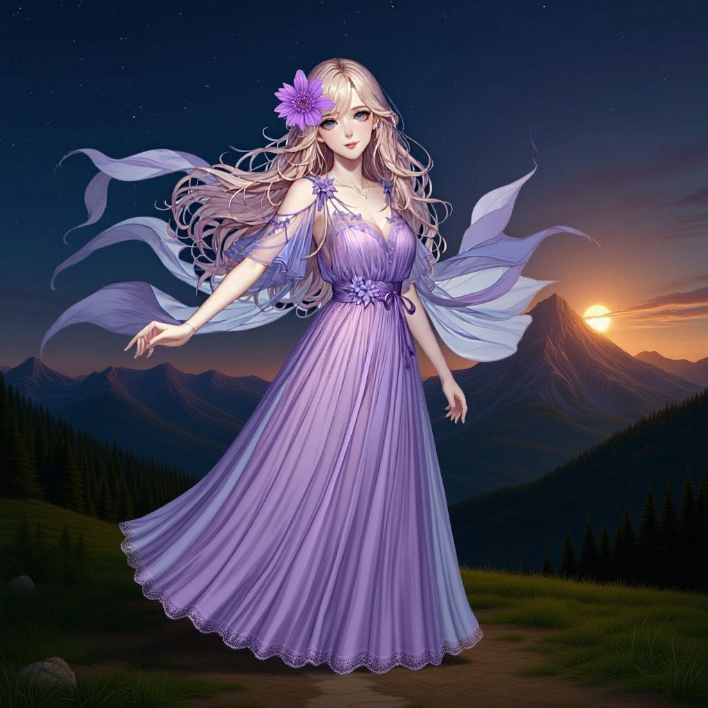 Anime Woman with Flowing Lavender Dress
