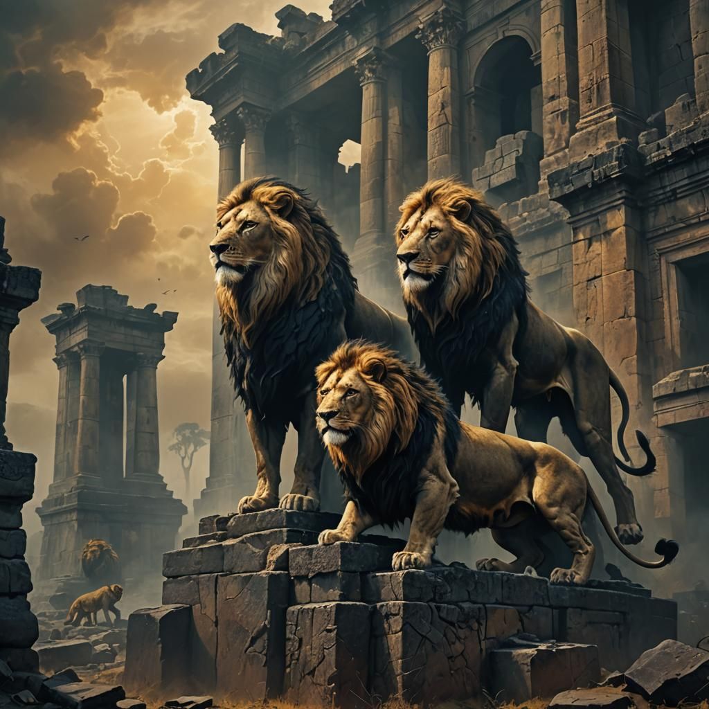 Lions Atop Ancient Ruins in Dark Fantasy Art