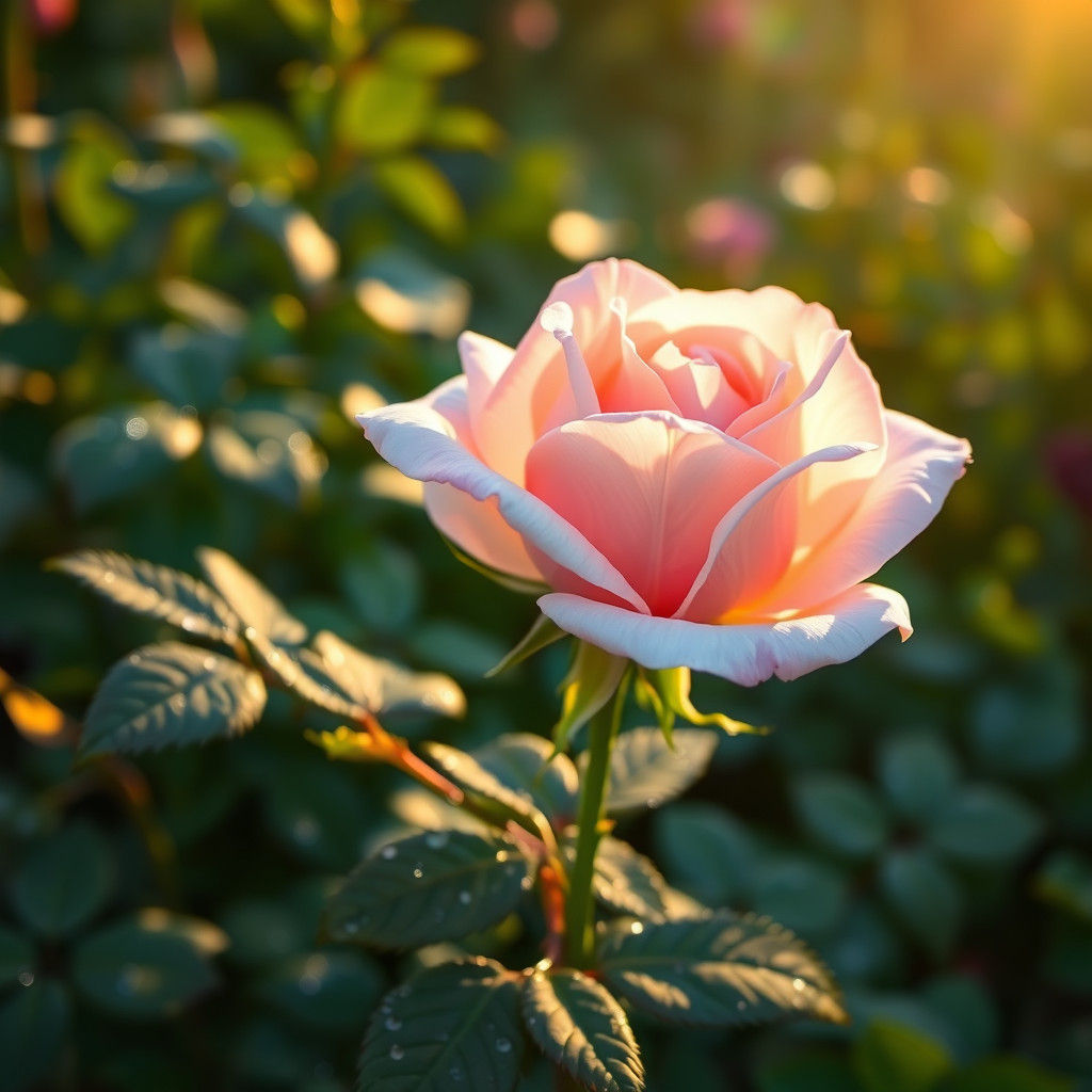 Delicate Pink Rose in Impressionist Garden at Dawn