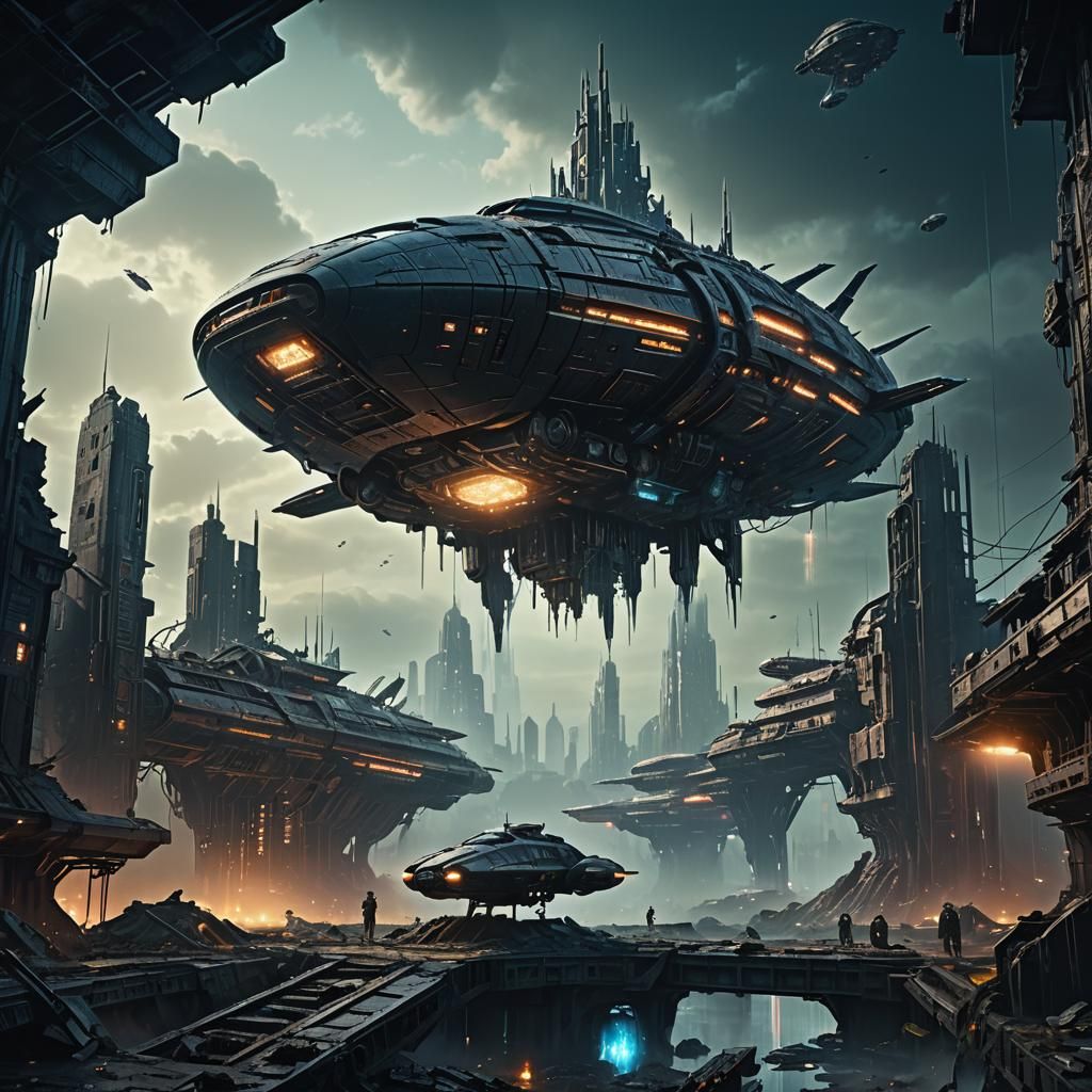 Futuristic Spaceship over Post-Apocalyptic Cityscape