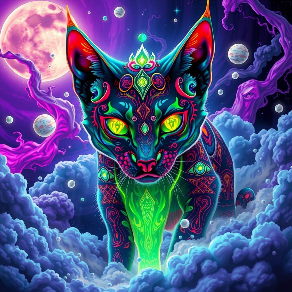 Neon Alien Cat in Psychedelic Cosmic Landscape