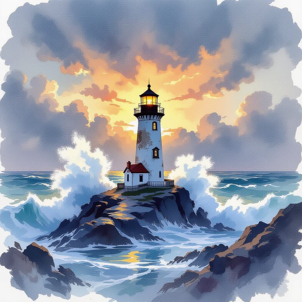 Lighthouse at Sunset: A Watercolor Painting