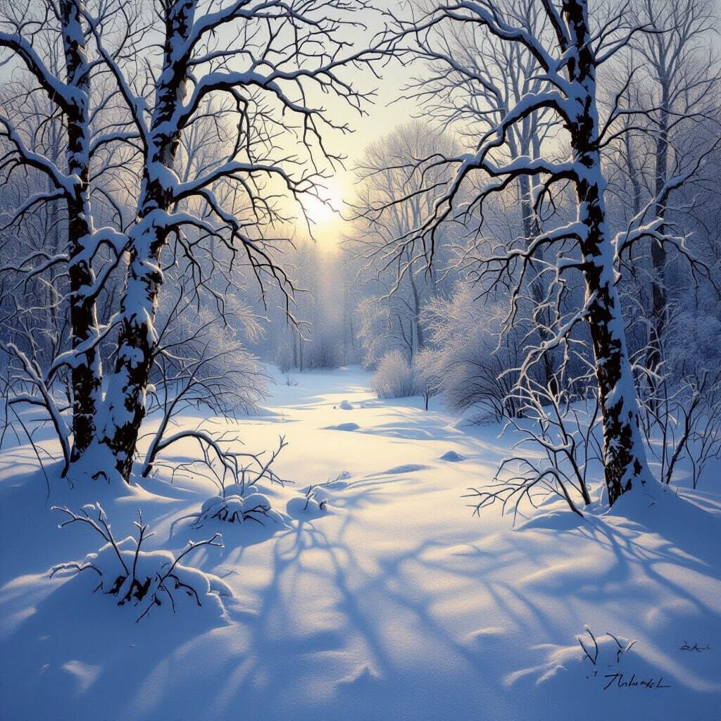 Serene Snowy Winter Landscape in Painterly Style