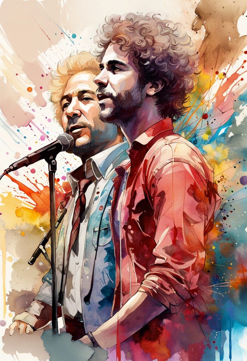 Simon & Garfunkel Singing: Detailed 3D Watercolor Illustrati...