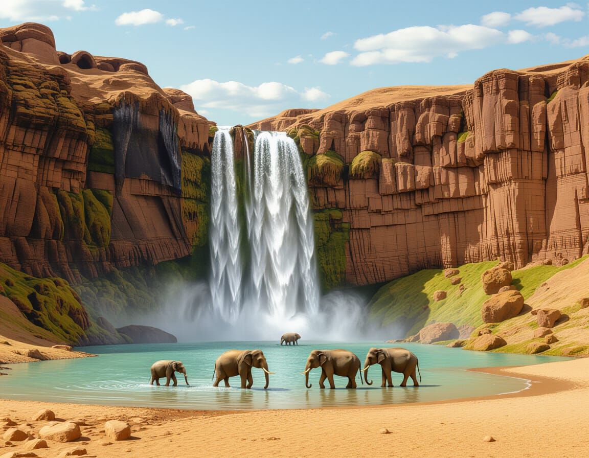 Surreal Desert Waterfall with Elephants in Fusion Art Style