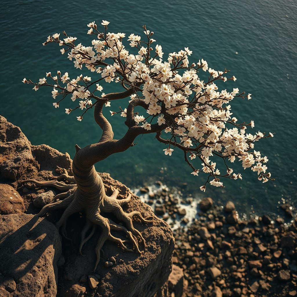 Solitary Cherry Tree on Cliff Edge in Golden Light