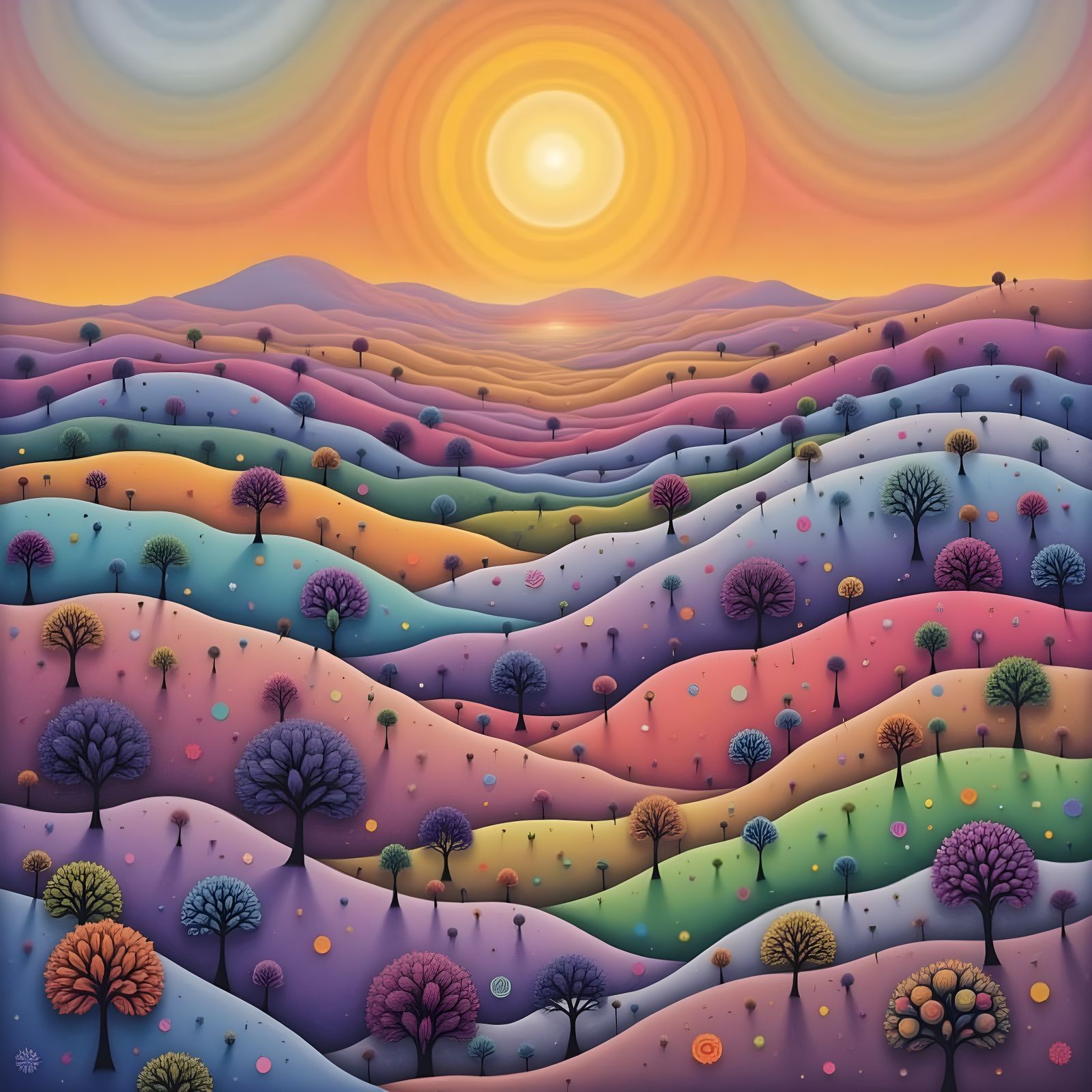 Psychedelic Hills Under Golden Double Sunset